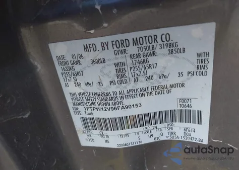 2006 Ford F-150 Lariat/Xlt из США, поврежденный, VIN 1FTPW12V96FA90153